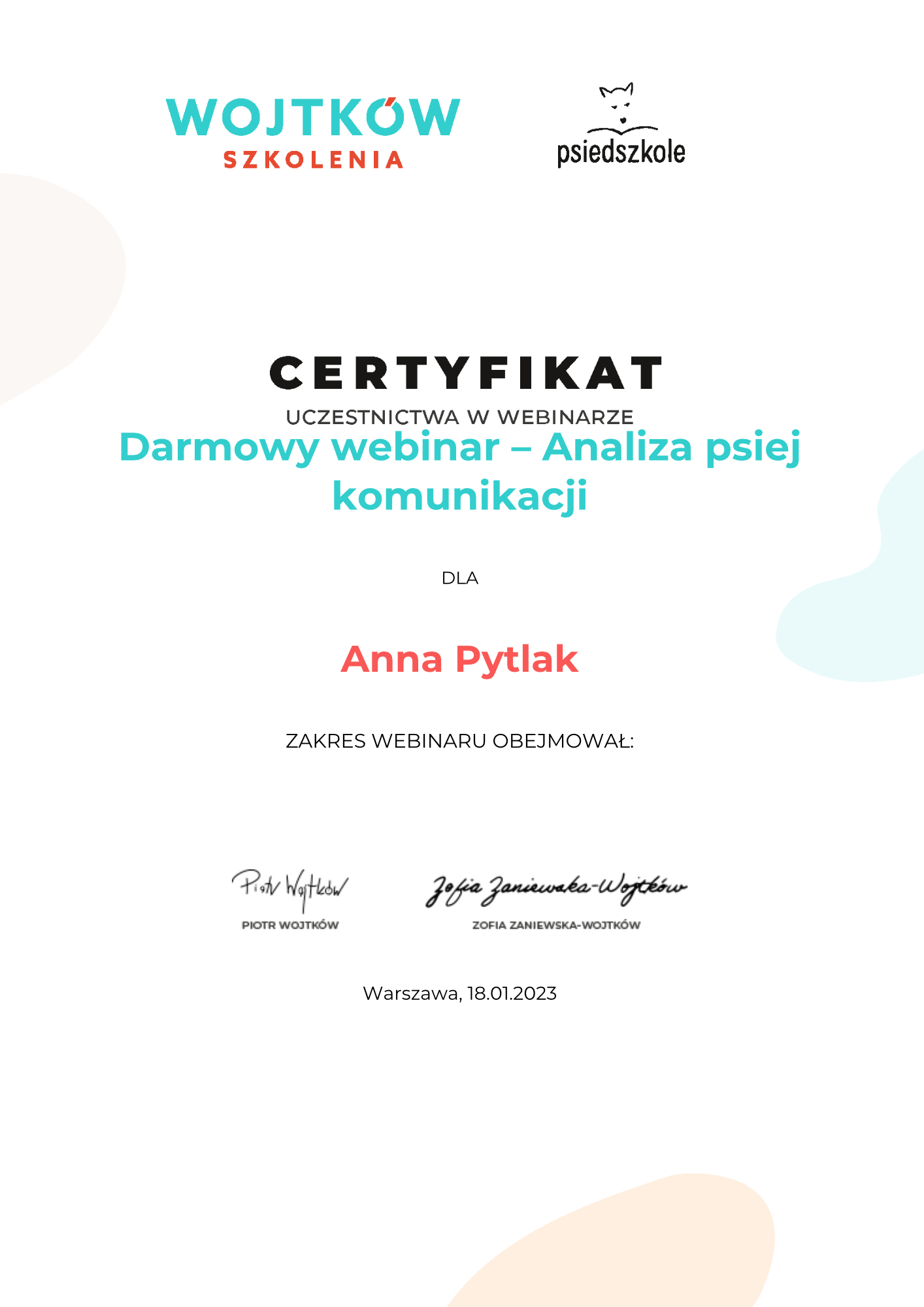 Anna-Pytlak-Darmowy-webinar-8211-Analiza-psiej-komunikacji-Certyfikat-uczestnictwa-webinary-Wojtkow-Szkolenia