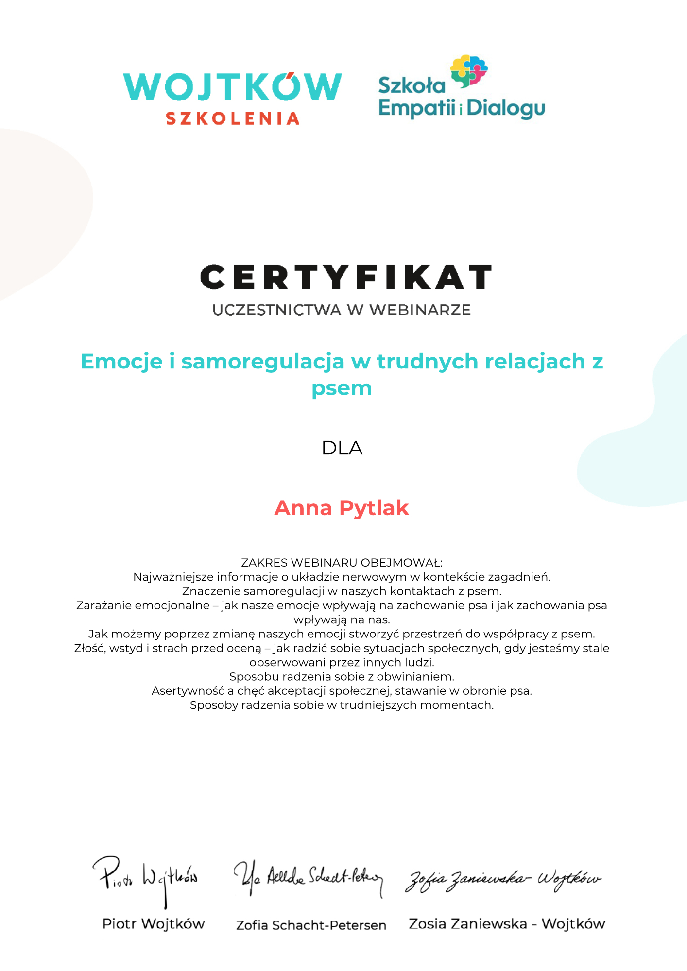 Anna-Pytlak-Emocje-i-samoregulacja-w-trudnych-relacjach-z-psem-Certyfikat-webinar-z-gosciem-Wojtkow-Szkolenia