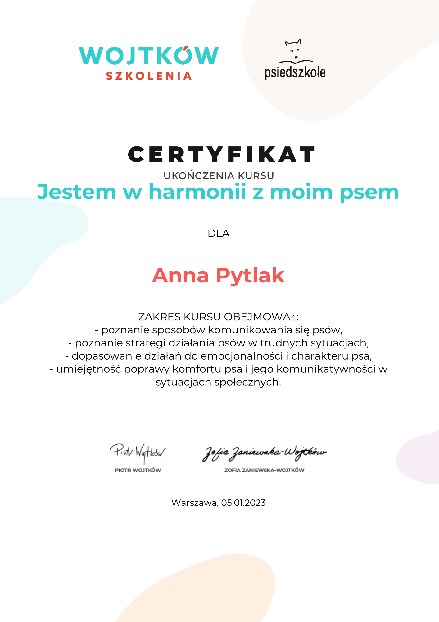 Anna-Pytlak-Jestem-w-harmonii-z-moim-psem-Certyfikat-Jestem-w-harmonii-ze-swoim-psem-Wojtkow-Szkolenia
