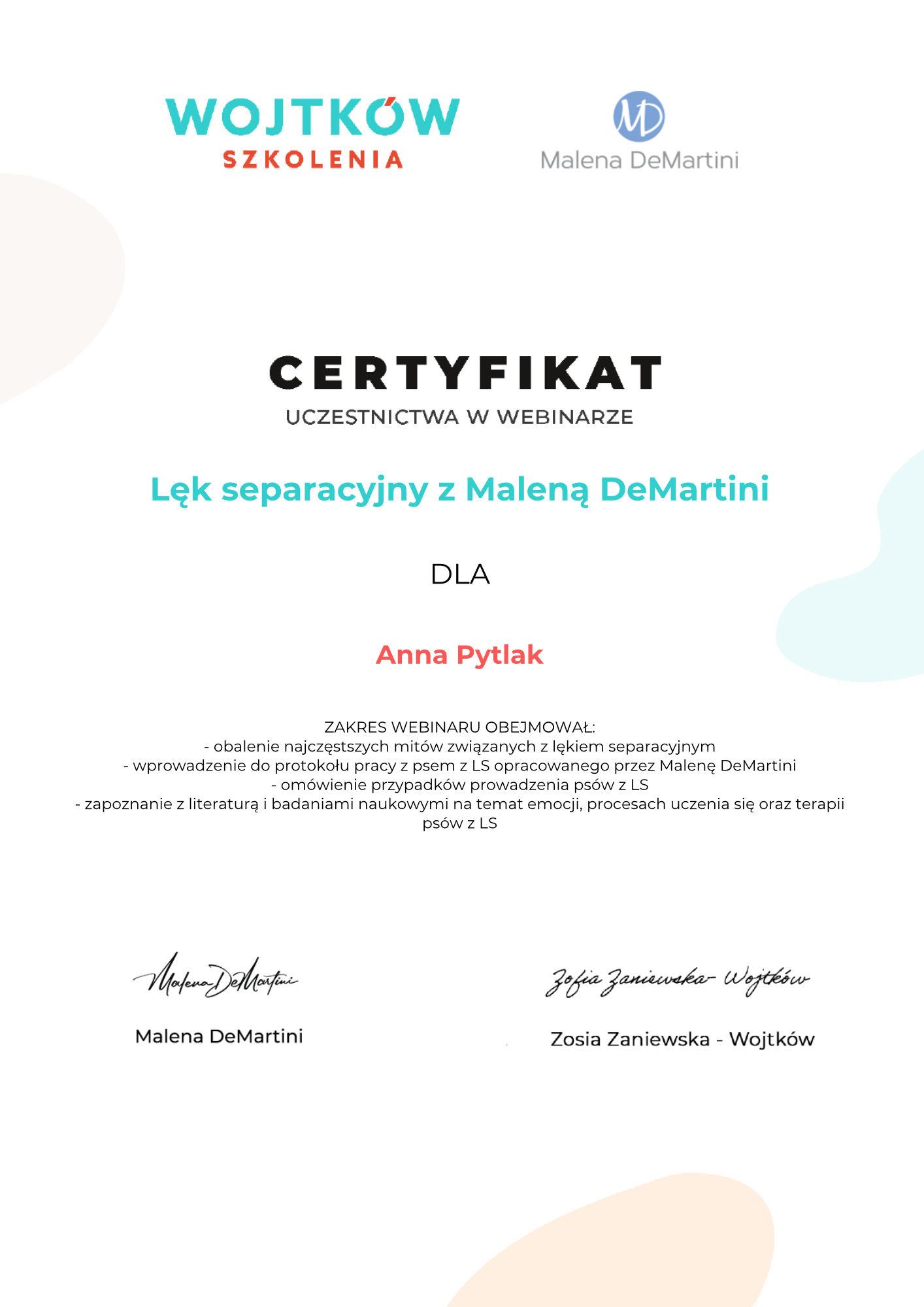 Anna-Pytlak-Lek-separacyjny-z-Malena-DeMartini-Certyfikat-Malena-Wojtkow-Szkolenia