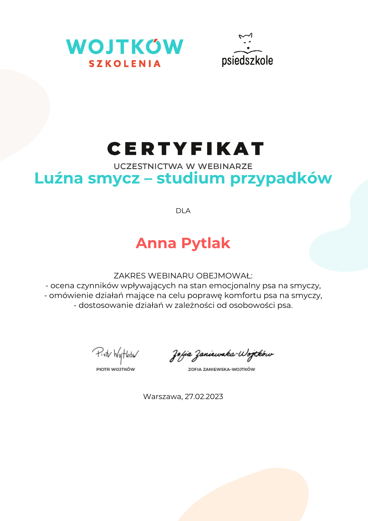 Anna-Pytlak-Luzna-smycz-8211-studium-przypadkow-Certyfikat-uczestnictwa-webinary-Wojtkow-Szkolenia