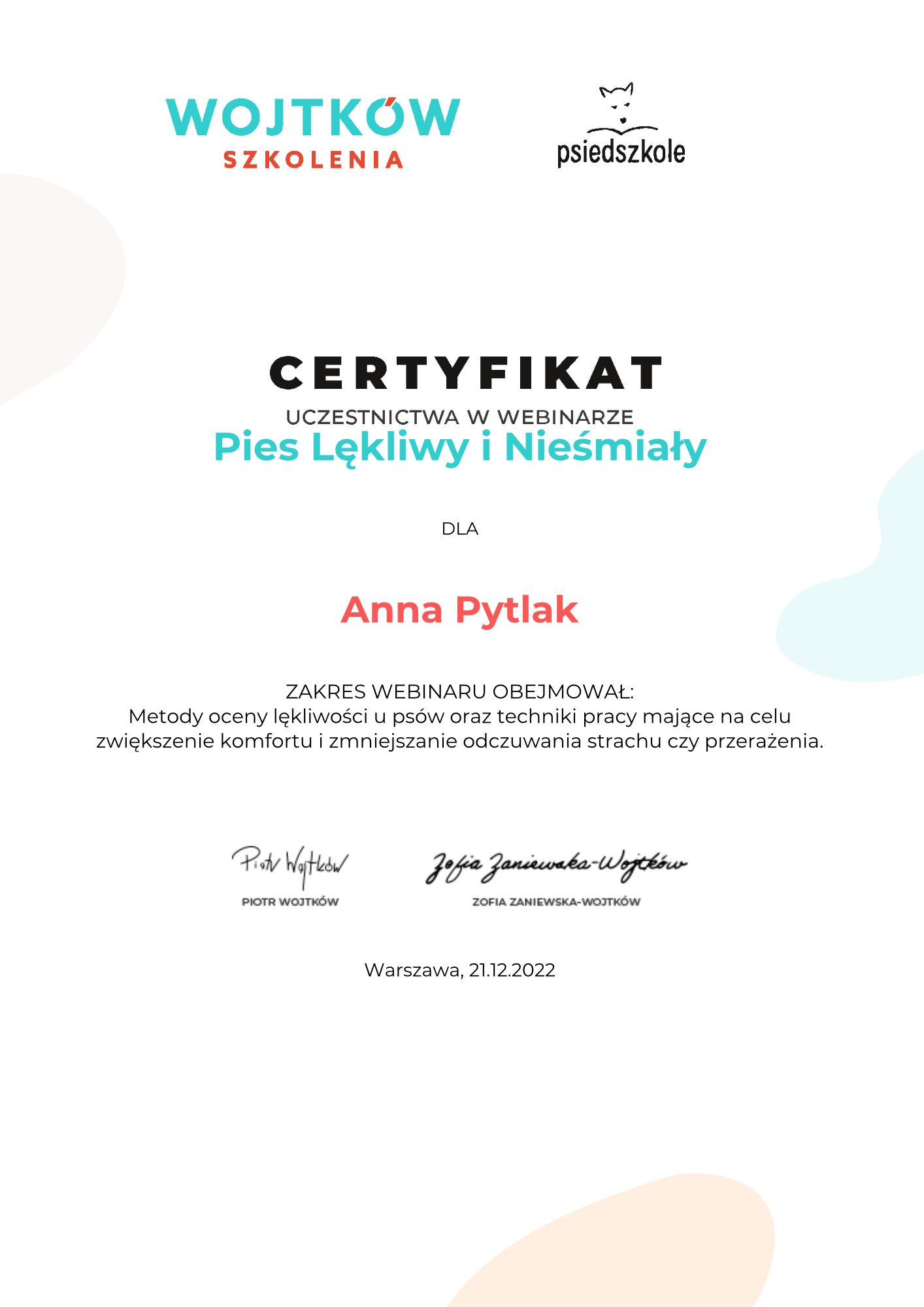 Anna-Pytlak-Pies-Lekliwy-i-Niesmialy-Certyfikat-uczestnictwa-webinary-Wojtkow-Szkolenia