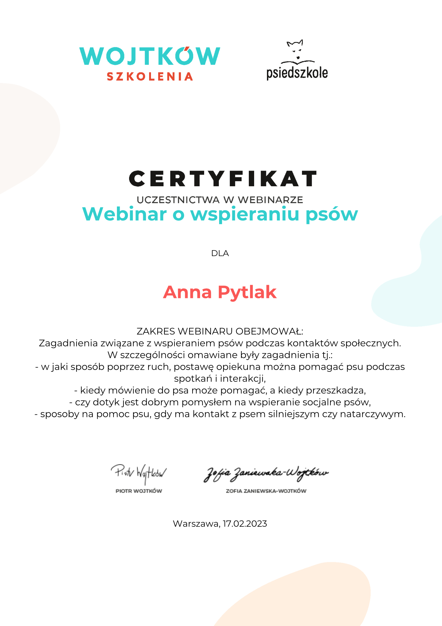 Anna-Pytlak-Webinar-o-wspieraniu-psow-Certyfikat-uczestnictwa-webinary-Wojtkow-Szkolenia