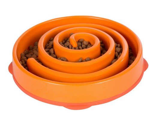 pomarańczowa miska ze spiralą spowalniająca jedzenie dla psa
