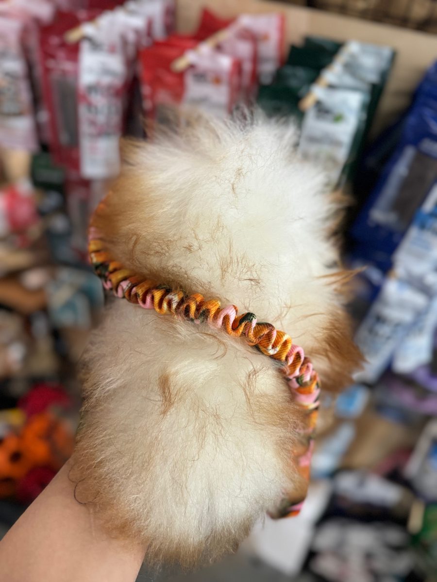 Woolie Whillie szarpak z beżowej wełny owczej, amortyzator rozm M długa taśma 65 cm pomarancze
