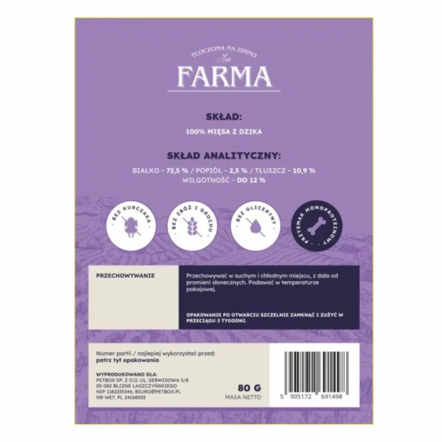 Farma Suszone Paski z Dzika 80g