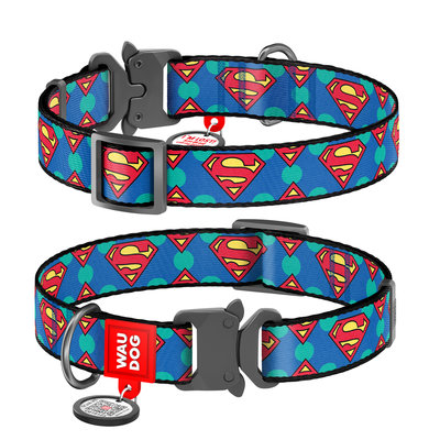 WAUDOG Nylon obroza dla psa nylonowa z QR-paszportem, wzor "Superman Logo", metalowa klamra fastex, szer. 20 mm, dl. 28-40 cm