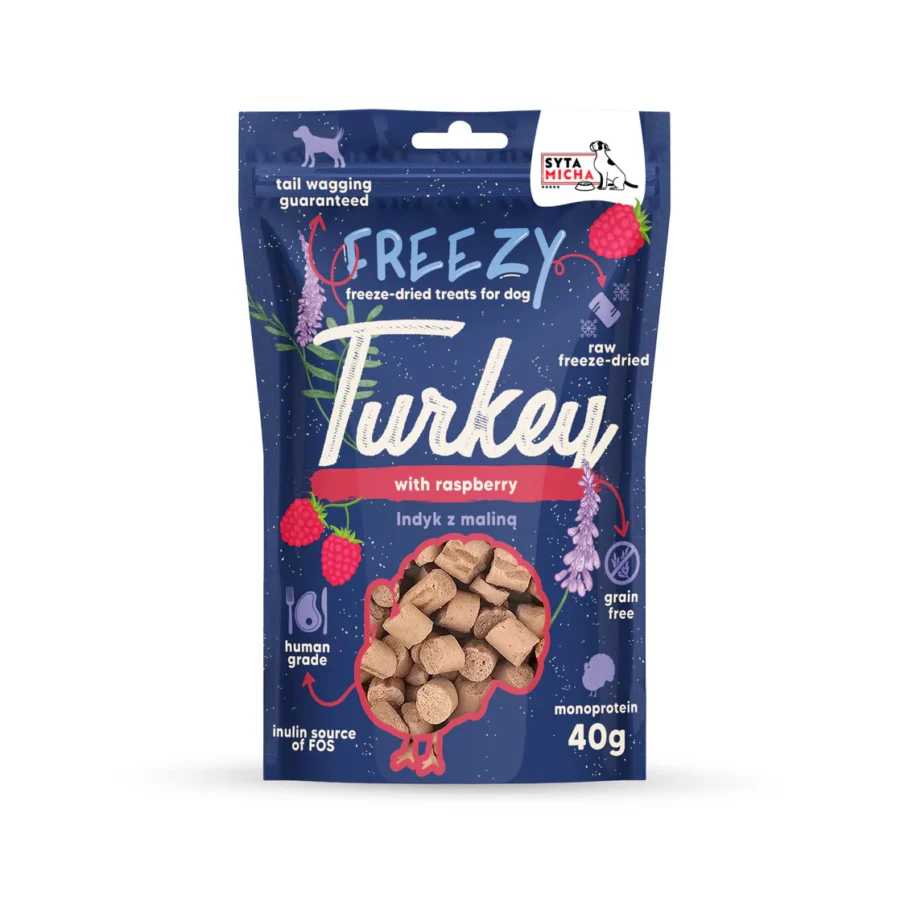 Liofilizowane przysmaki dla psa Indyk z malinami FREEZY 40g