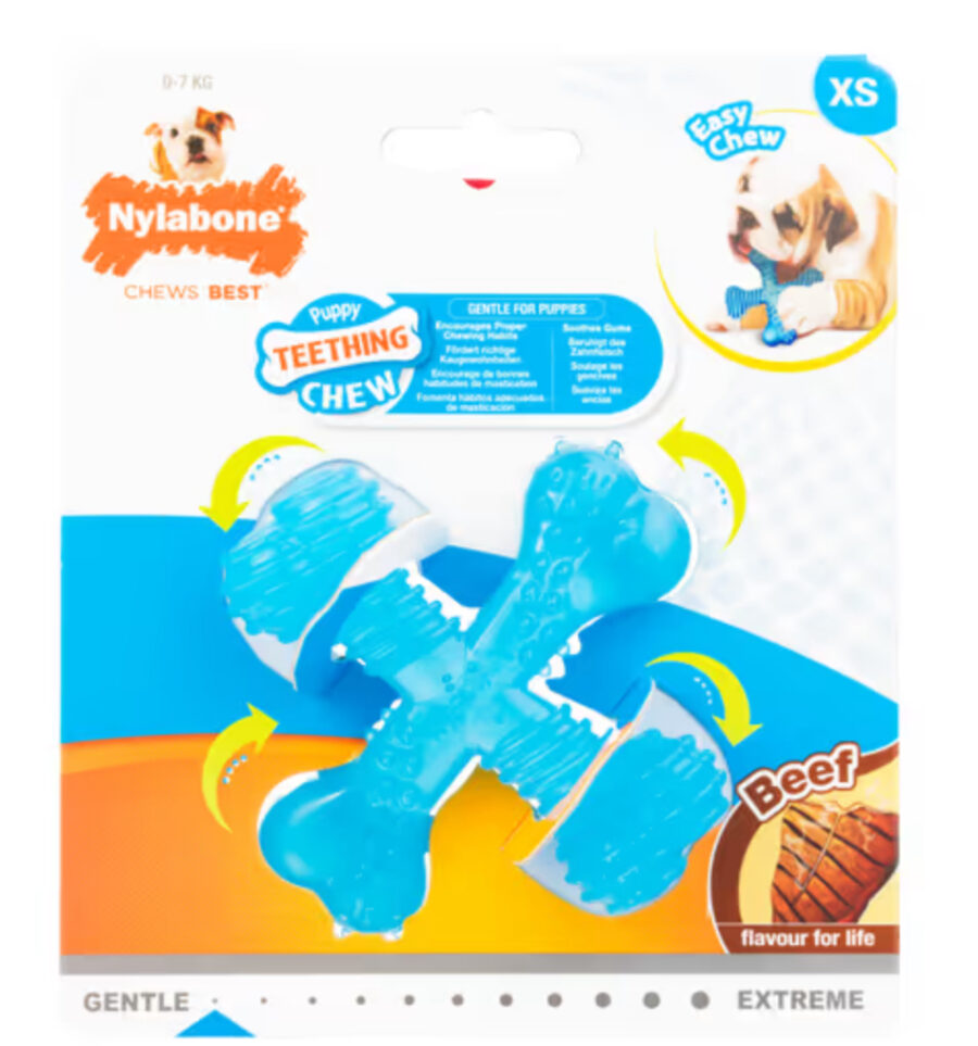 Nylabone Beef Puppy X Shaped Chew XS - mały elastyczny gryzak dla szczeniaka, o smaku wołowiny