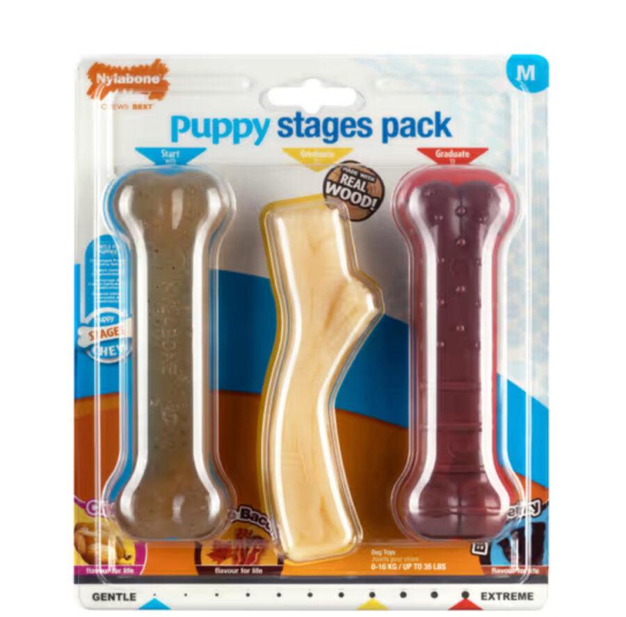 Nylabone Puppy Chew Stages Pack M - bezpieczne gryzaki dla szczeniaka, różne twardości i smaki
