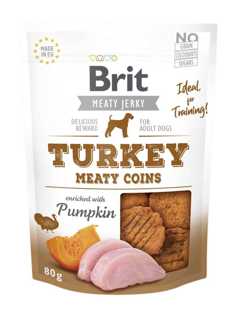 Brit Jerky Turkey Meaty Coins Snack, kurczak i indyk z dynią, 80 g