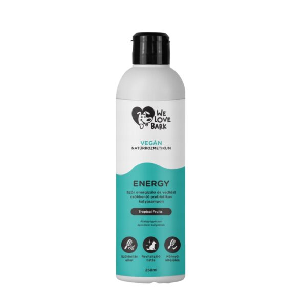 We Love Bark ENERGY Tropical Fruits Prebiotyczny szampon dla psów, który energetyzuje całą sierść i zmniejsza linienie 250ml