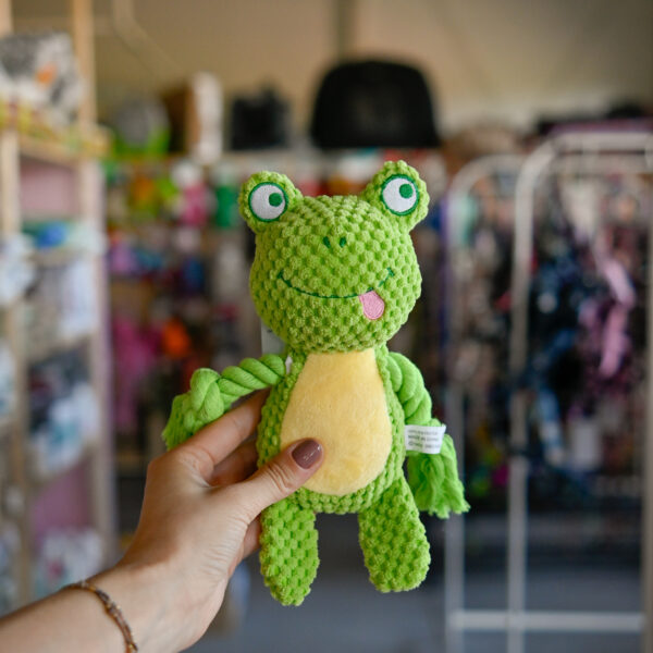 HAU NOW Zabawka dla psa żaba ze sznurami i piszczałką