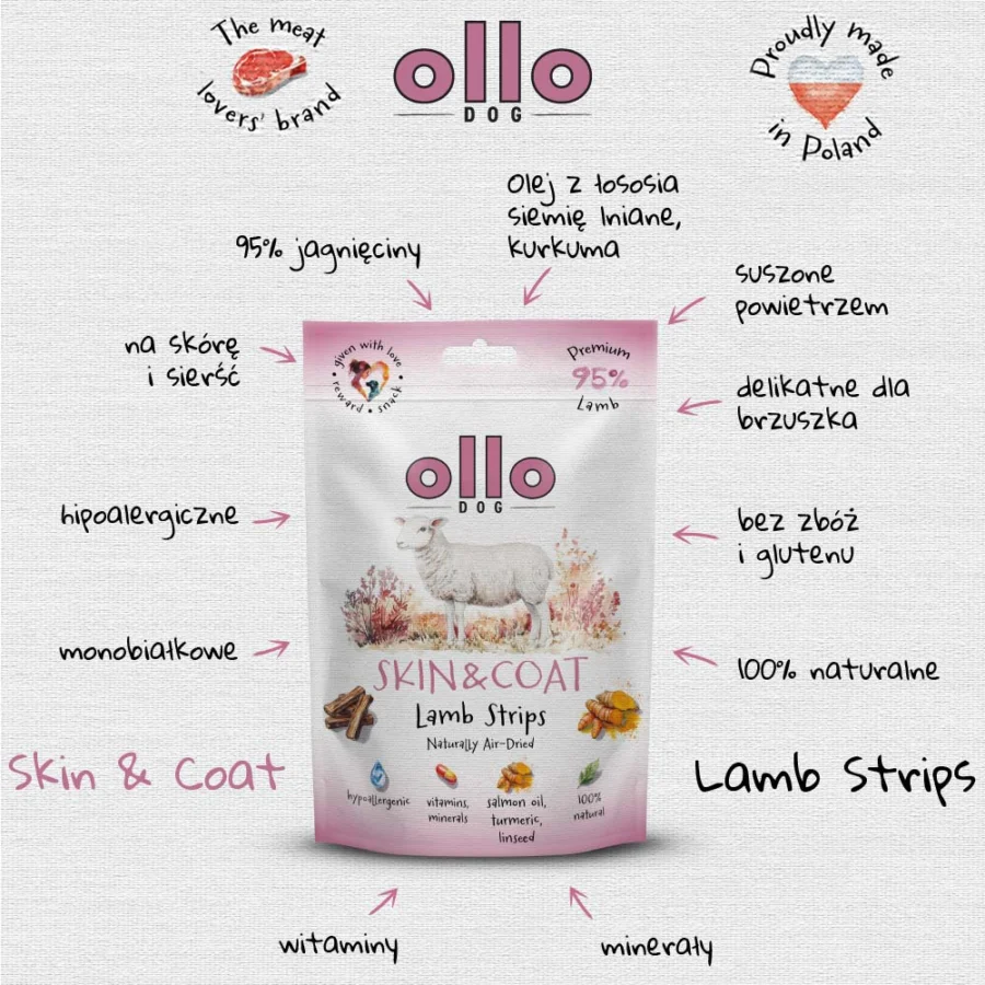 Ollo Air Dried Skin&Coat Strips Jagnięcina 80g - przysmak dla psów