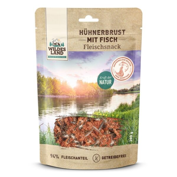 WILDES LAND Hühnerbrust mit Fisch – filet piersi kurczaka z rybkami - przysmaki mięsne dla psa i kota (200g)