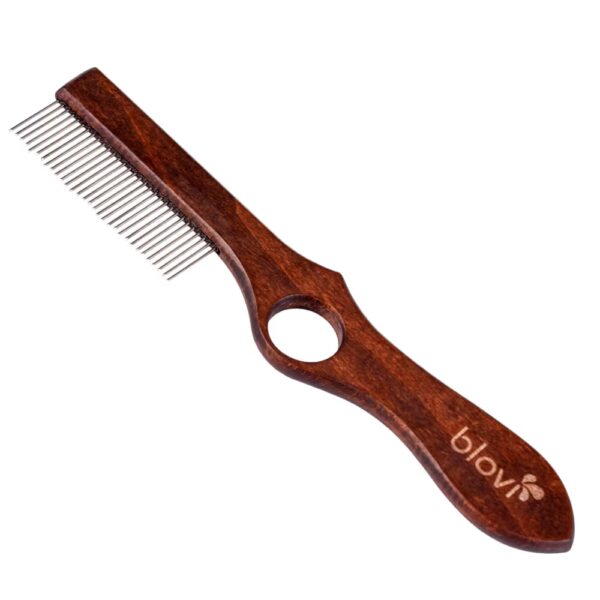 Blovi Brown Wood Comb 25cm - drewniany grzebień dla psa, z obrotowymi ząbkami i otworem na palec