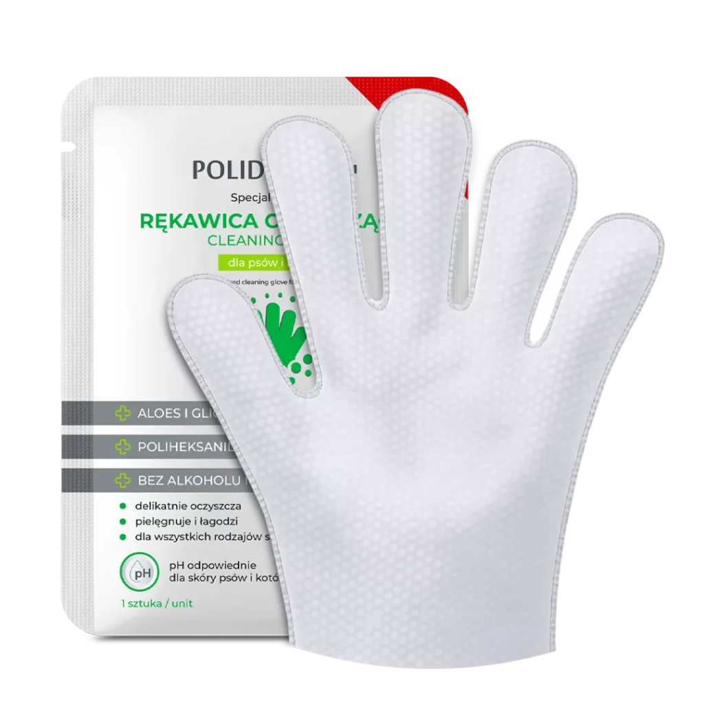 POLIDERM® RĘKAWICA CZYSZCZĄCA – rękawica nasączona delikatnym płynem czyszczącym dla psów i kotów 1 szt.