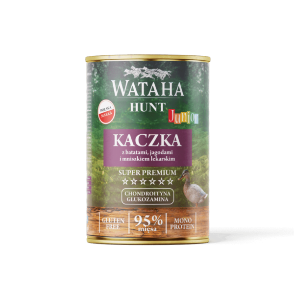 Wataha Hunt 95% JUNIOR KACZKA Z BATATAMI, JAGODAMI I MNISZKIEM LEKARSKIM mokra karma dla szczeniąt 400G