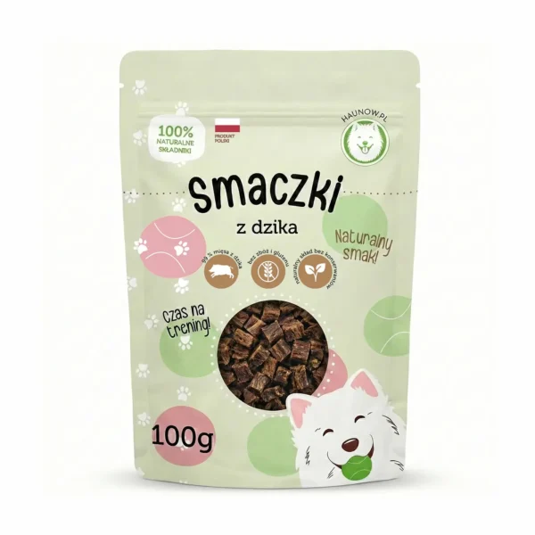 Hau Now Smaczki z dzika 100 g – Smaczki dla psa Monobiałkowe smaczki dla psa z dzika przeznaczone do treningu oraz codziennego nagradzania. Receptura oparta na jednym źródle białka zwierzęcego odpowiada potrzebom psów na diecie eliminacyjnej i opiekunów, którzy szukają funkcjonalnych przysmaków do pracy z psem. Produkt wspiera koncentrację i motywację podczas intensywnych sesji treningowych. Dlaczego warto wybrać Hau Now Smaczki treningowe z dzika Monobiałkowa receptura – jedno źródło białka zwierzęcego ułatwia kontrolę diety i dobór odpowiednich przysmaków dla psa. Aromatyczna dziczyzna – naturalny zapach zwiększa zainteresowanie psa i poprawia skupienie podczas treningu. Forma treningowa – małe kawałki umożliwiają częste nagradzanie bez nadmiernego zwiększania porcji. Krótki skład – jasno określone surowce zwierzęce bez zbędnych dodatków. Wszechstronne zastosowanie – smaczki dla psa sprawdzają się podczas treningu, spacerów i pracy behawioralnej. Smaczki treningowe dla psa – sposób podawania Produkt pasuje dla psów wszystkich ras i w każdym wieku. Smakołyki dla psa sprawdzają się podczas nauki komend, treningów posłuszeństwa oraz aktywności węchowych. Smaczki dla psa należy podawać jako uzupełnienie codziennej diety, dostosowując ilość do masy ciała psa i poziomu jego aktywności. Hau Now Smaczki z dzika to praktyczne przysmaki dla psa, które łączą monobiałkowy charakter, intensywny aromat dziczyzny i wygodną formę wspierającą skuteczny trening. Opakowanie zawiera 100 g przysmaków. Skład: 99% dzik (60 % Mięso i 39 % Podroby i tusza), 1 % Gliceryna roślinna Skład analityczny Białko: 49,10 Tłuszcz: 27,10 Wilgotność: 9,60 Popiół surowy: 11,50 Włókno surowe: 0,90