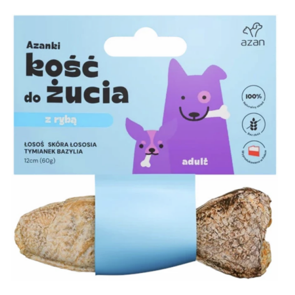 AZANKI Kość z łososiem w skórze łososia z tymiankiem i bazylią o kształcie ryby - przysmak dla psa - 12cm
