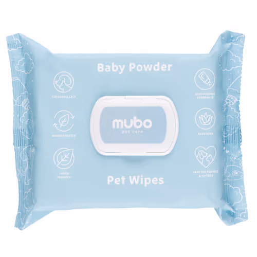 Mubo Baby Powder Pet Wipes 100szt. - delikatne chusteczki z aloesem dla psa i kota, o zapachu dziecięcego pudru 15x30cm