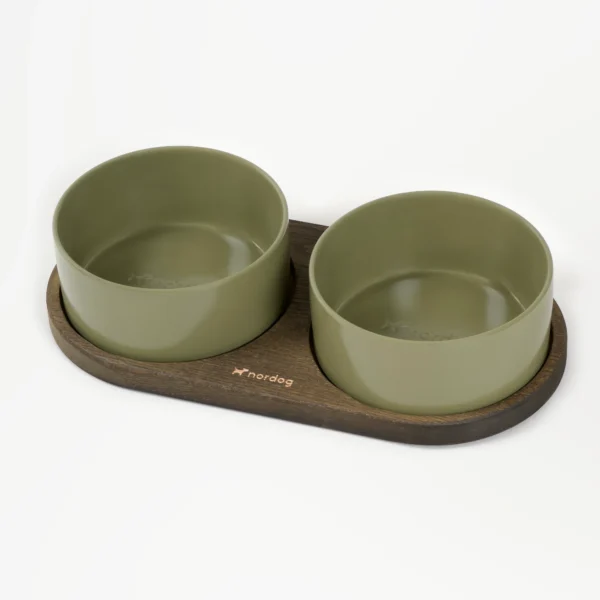 Nordog Barcelona Double Dog Bowl zestaw misek w kolorze khaki z podstawką ciemny dąb