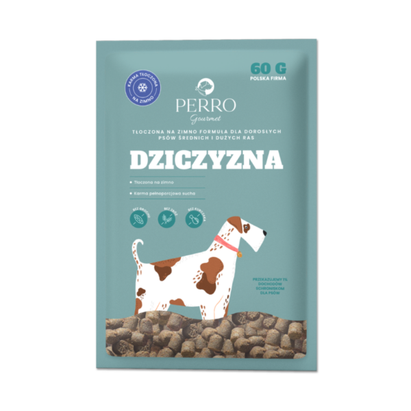 Karma tłoczona na zimno PERRO Gourmet Dziczyzna – formuła dla psów dorosłych średnich i dużych ras 60 g próbka