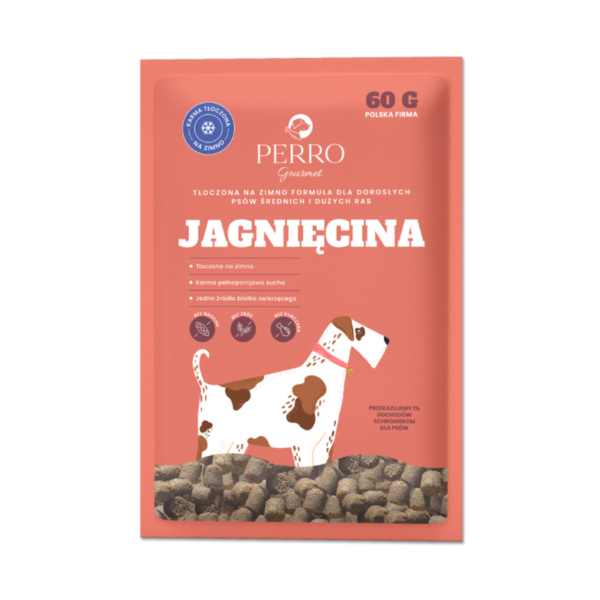 Karma tłoczona na zimno PERRO Gourmet Jagnięcina – formuła dla psów dorosłych średnich i dużych ras 60 g próbka